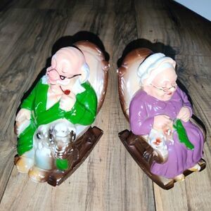 VTG Ceramaster -Japan Old Man & Woman Retirement Fund Coin Bank Rockers Cat Dog.